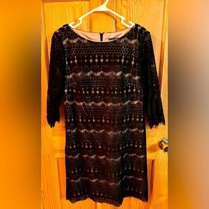 Jessica Howard Size 8 Little Black Dress Lace Sheath Lined w Nude Tone After 5